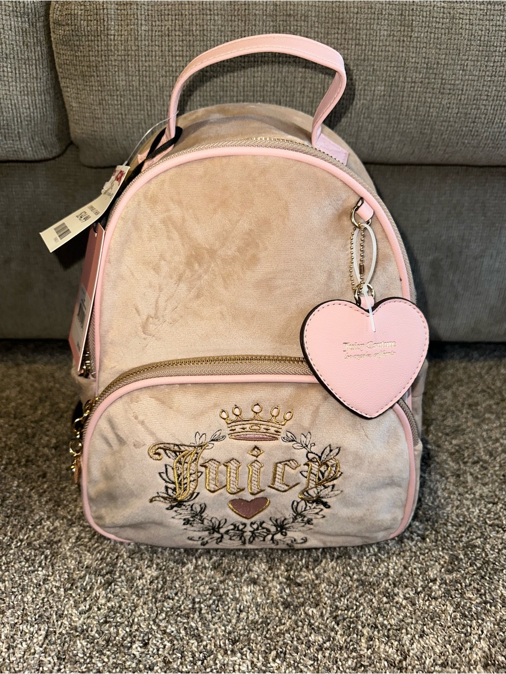 Juicy Couture Blush Pink Velvet Mini Backpack with Heart Charm